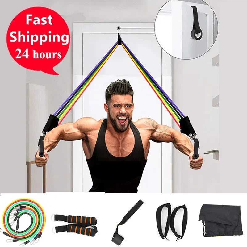 11Pcs Fitness Resistance Bands Set Workout Exercise Tube Bands with Door Anchor Ankle Straps Cushioned Handles Carry Bags